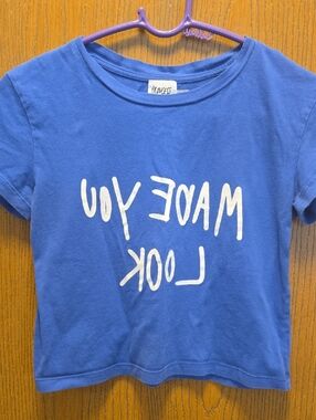 Princess Polly Blue Tee with White Graphic Backward 'Made You Look'